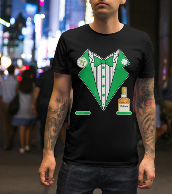 Kiss Me I'm Irish St. Patrick's Day Tuxedo With Whiskey Bottle And Shamrock T-Shirt