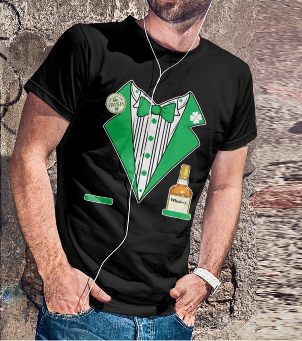 Kiss Me I'm Irish St. Patrick's Day Tuxedo With Whiskey Bottle And Shamrock T-Shirt
