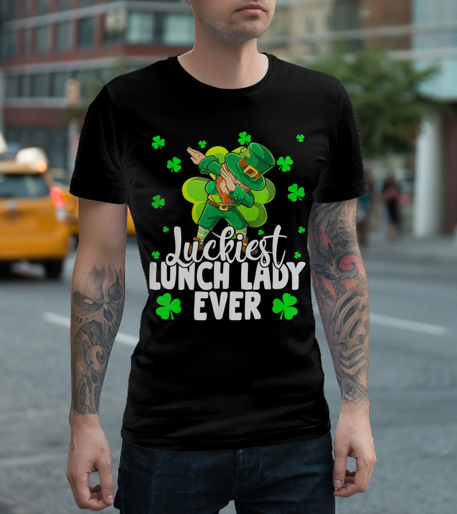 Luckiest Lunch Lady Ever Dancing Leprechaun with Shamrocks T-Shirt