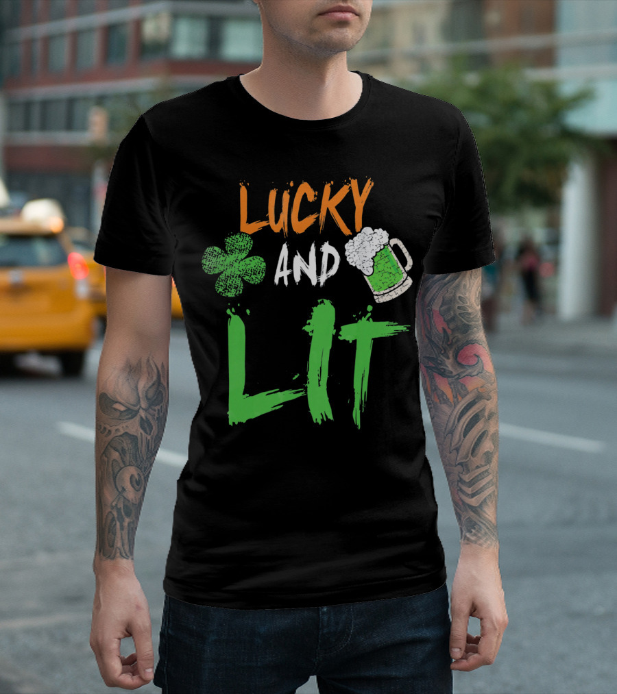 Lucky and Lit Irish Flag Shamrock Beer St. Patrick's Day T-Shirt