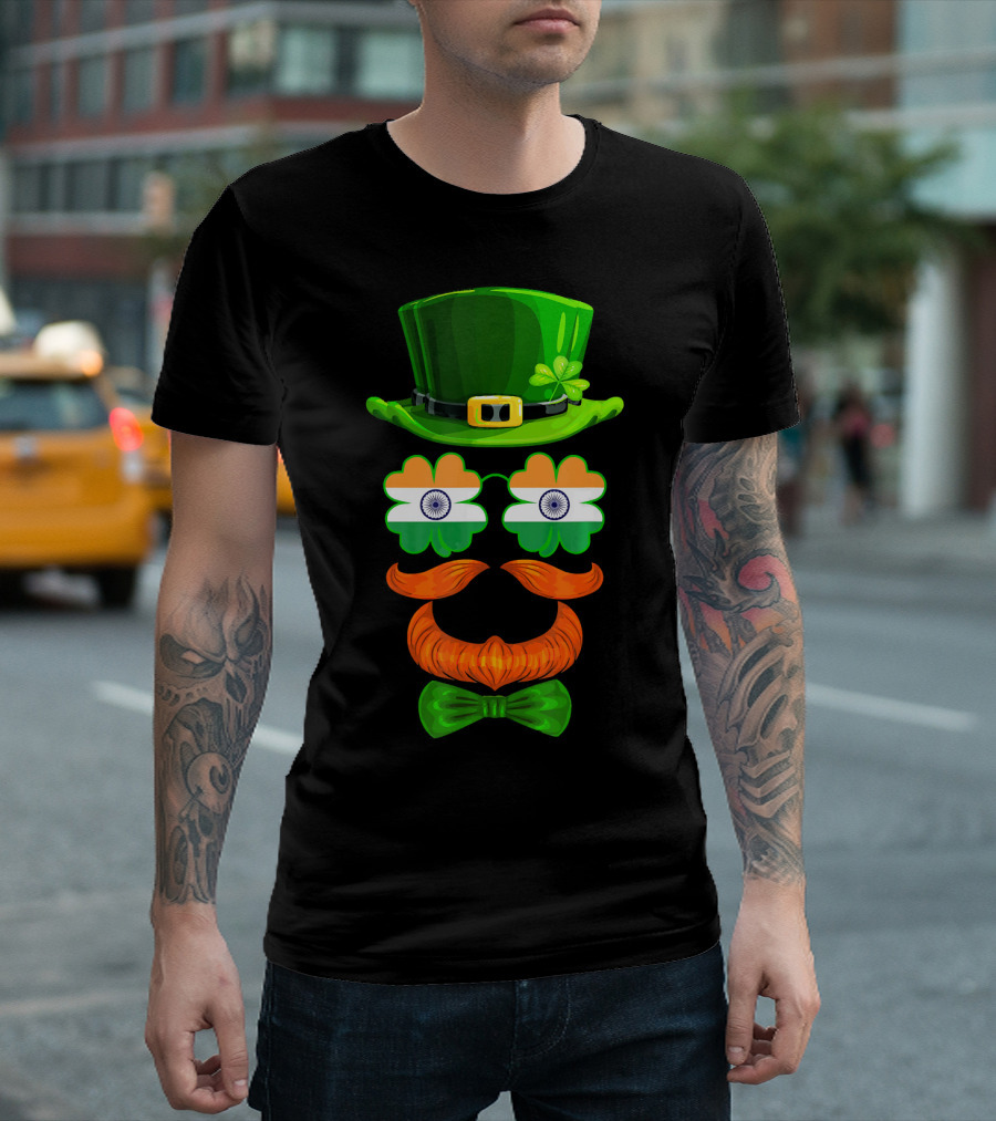 India Flag Shamrock Leprechaun Green Hat Orange Mustache Bow Tie T-Shirt