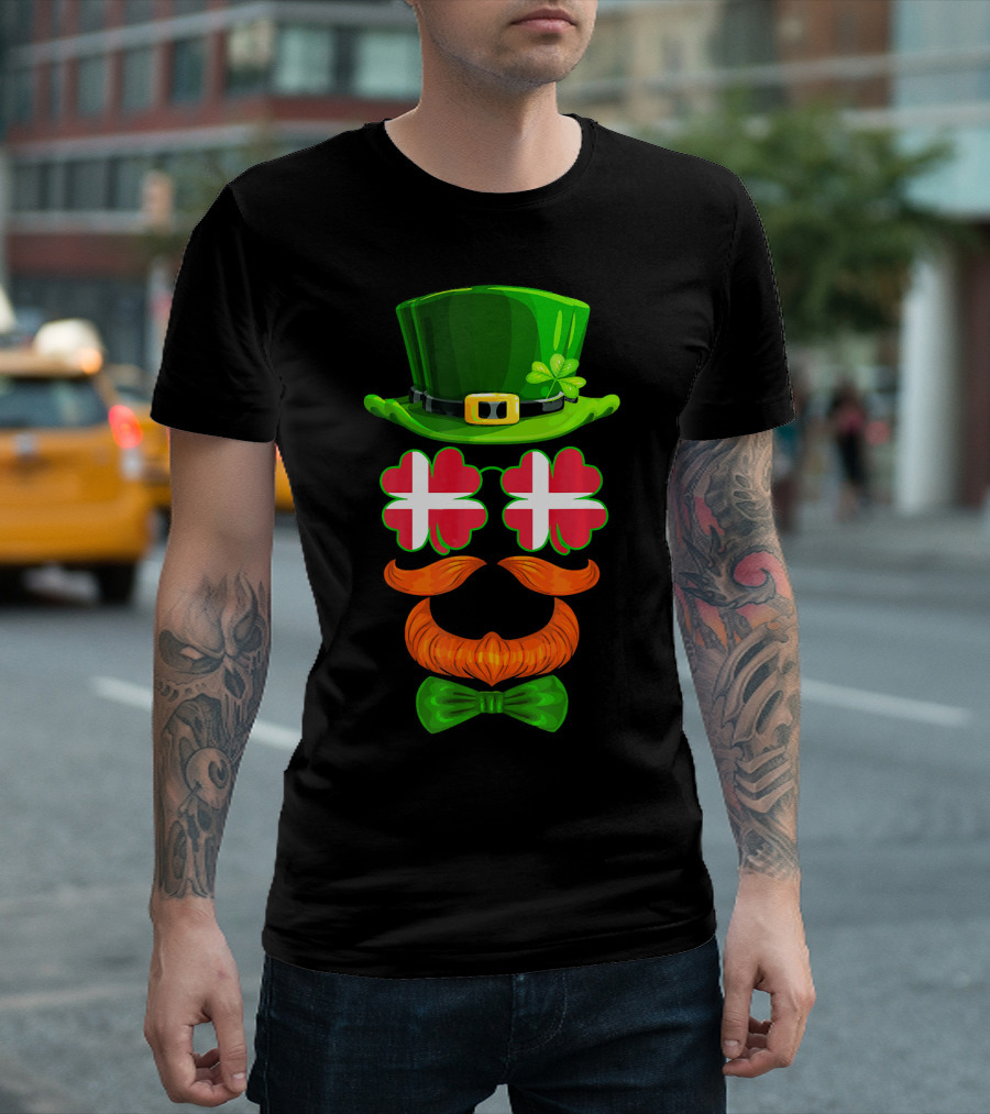 Denmark Flag Shamrock Leprechaun Hat Bowtie Dane T-Shirt