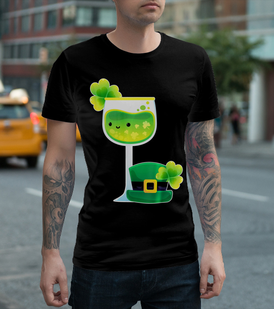 Saint Patrick's Day Green Shamrock Wine Glass with Leprechaun Hat T-Shirt