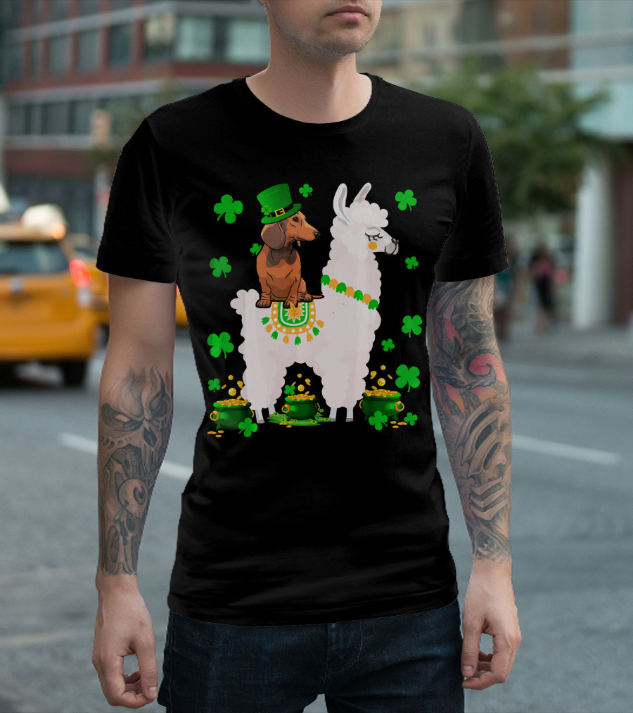 Leprechaun Dachshund Riding Llama Shamrocks Pots Of Gold T-Shirt