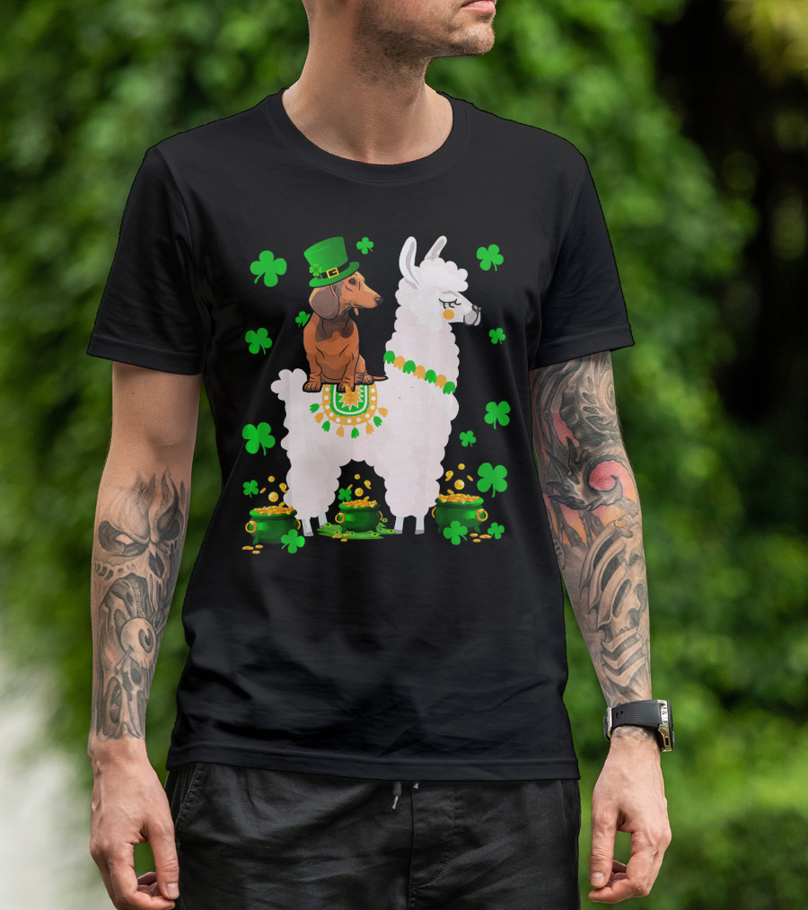 Leprechaun Dachshund Riding Llama Shamrocks Pots Of Gold T-Shirt