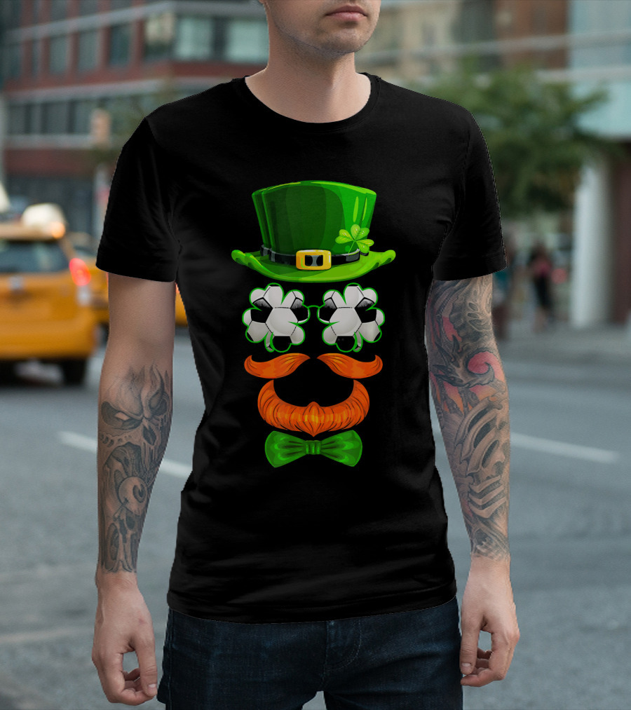Leprechaun Hat with Soccer Ball Shamrock Glasses and Clover Bowtie T-Shirt