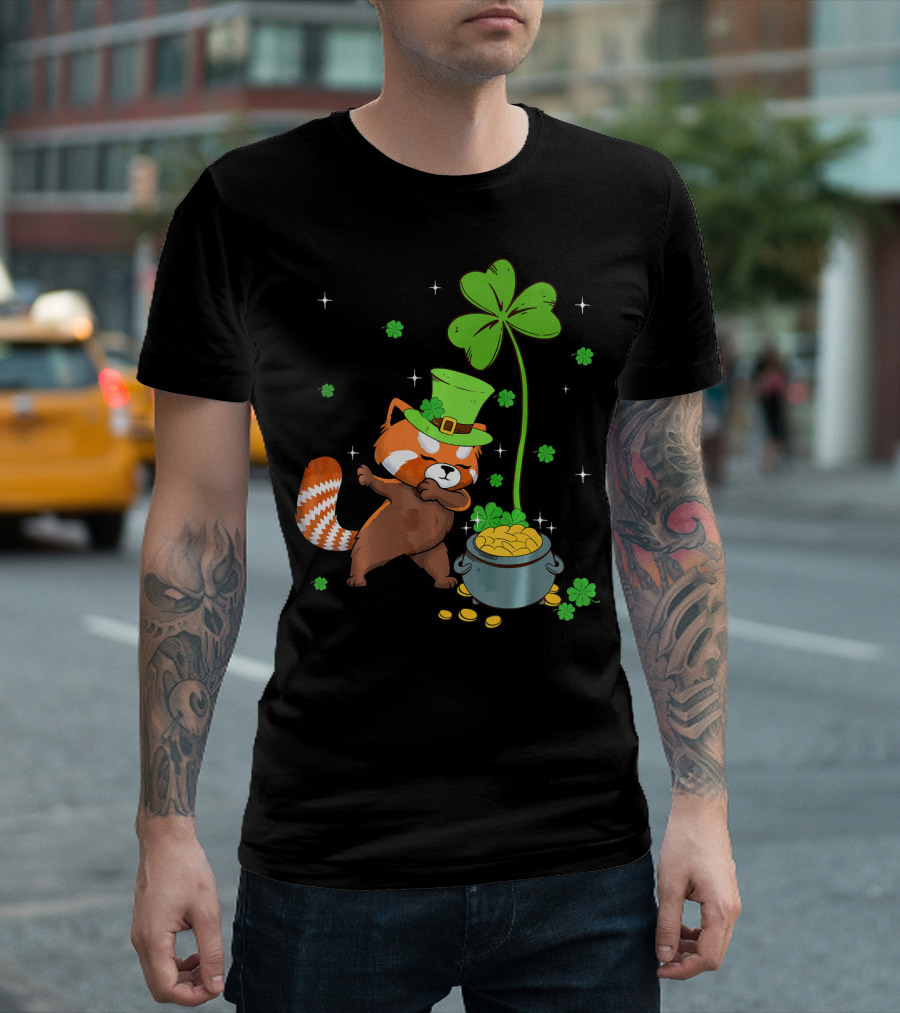 Shamrock Leprechaun Red Panda Pot of Gold St Patrick's Day T-Shirt