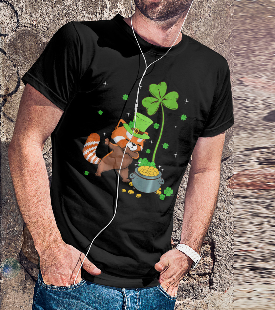 Shamrock Leprechaun Red Panda Pot Of Gold St Patrick's Day T-Shirt