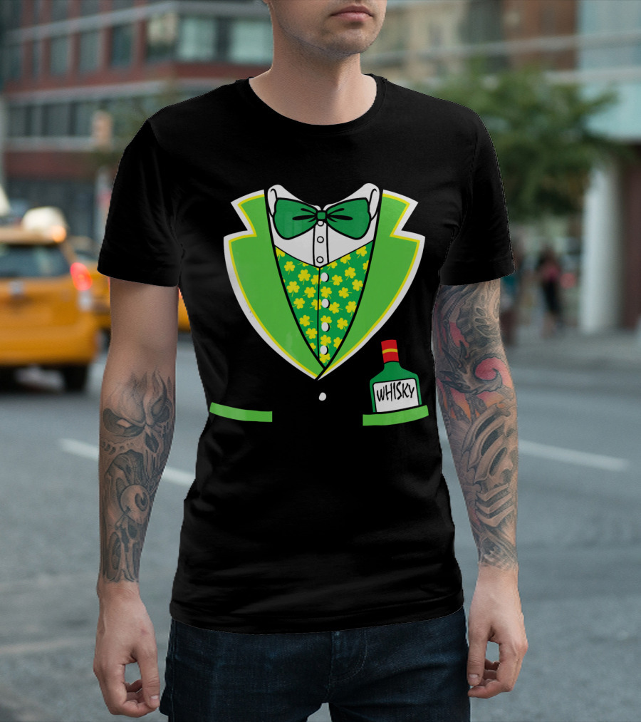 St Patricks Day Tuxedo Costume With Shamrock Vest And Whisky Flask T-Shirt