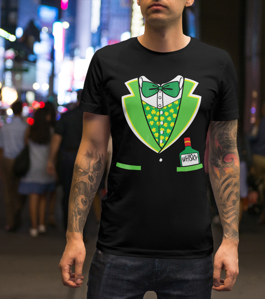 St Patricks Day Tuxedo Costume With Shamrock Vest And Whisky Flask T-Shirt