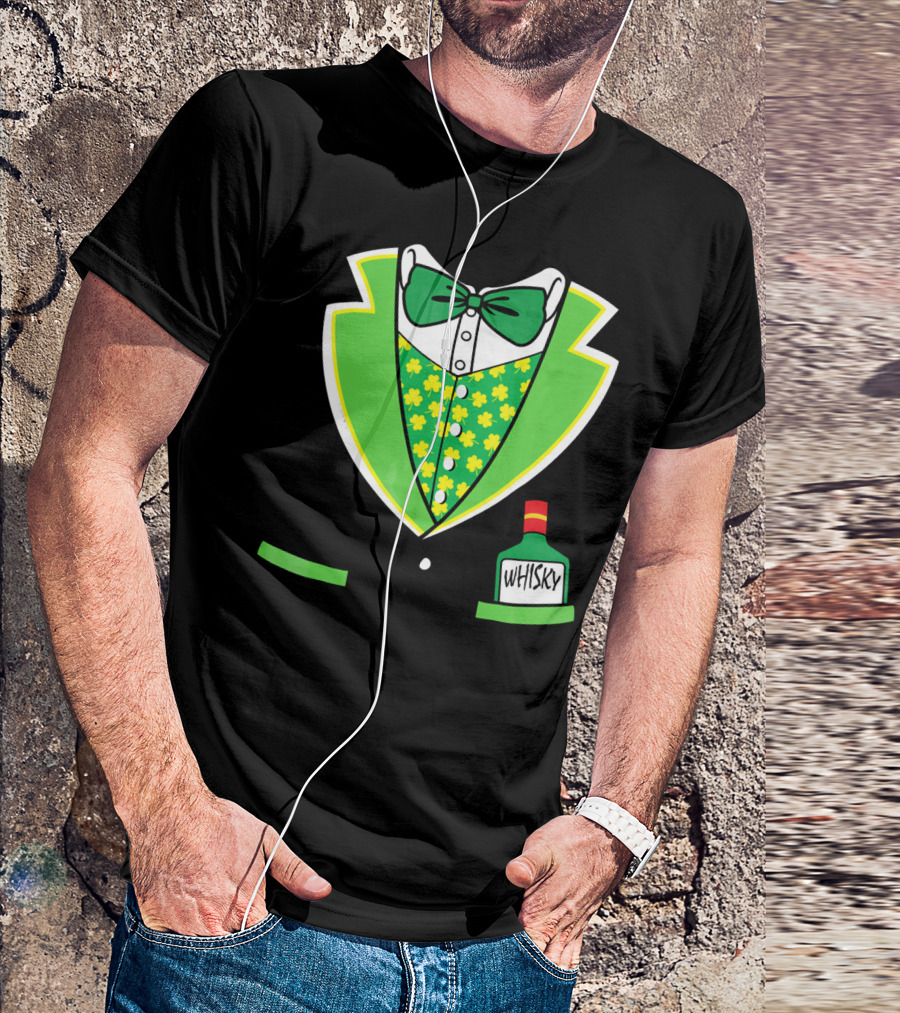 St Patricks Day Tuxedo Costume With Shamrock Vest And Whisky Flask T-Shirt