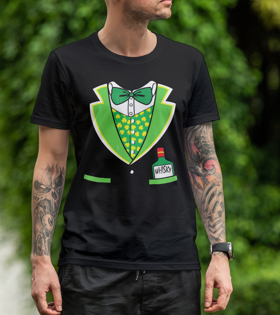 St Patricks Day Tuxedo Costume With Shamrock Vest And Whisky Flask T-Shirt