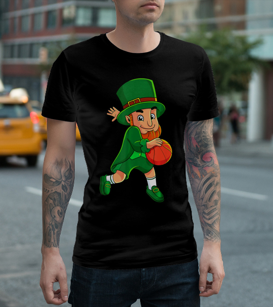 Leprechaun Basketball St Patricks Day Character in Green Outfit with Orange Ball T-Shirt