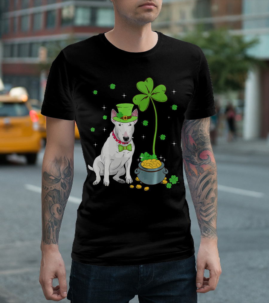 Shamrock Leprechaun Bull Terrier Pot of Gold and Clover T-Shirt
