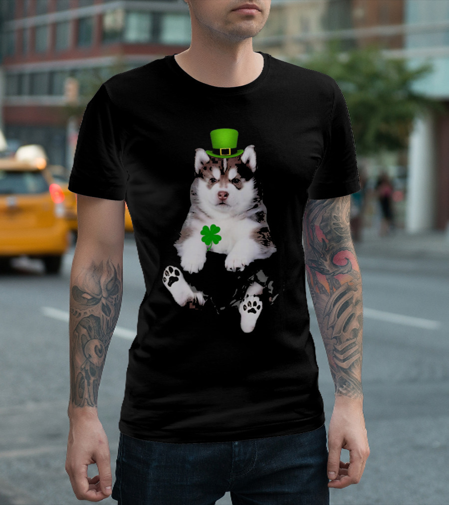 St Patricks Day Husky Puppy Shamrock Hat Paw Prints T-Shirt