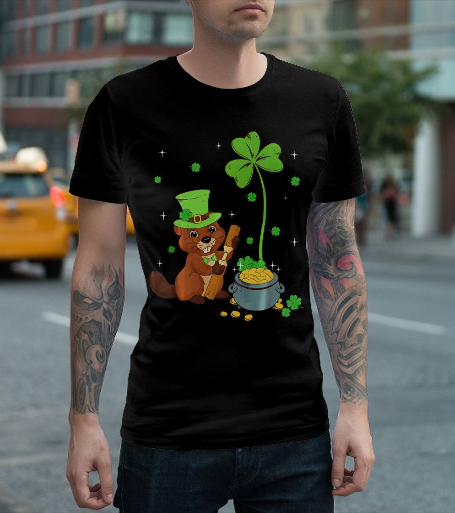 Shamrock-Leprechaun Beaver with Pot of Gold and Clover for St Patricks T-Shirt