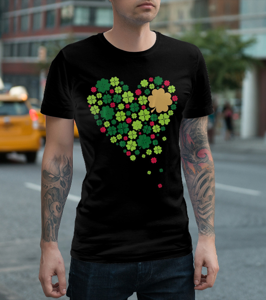 Cute Heart of Four Leaf Clovers St Patrick's Day Lucky T-Shirt