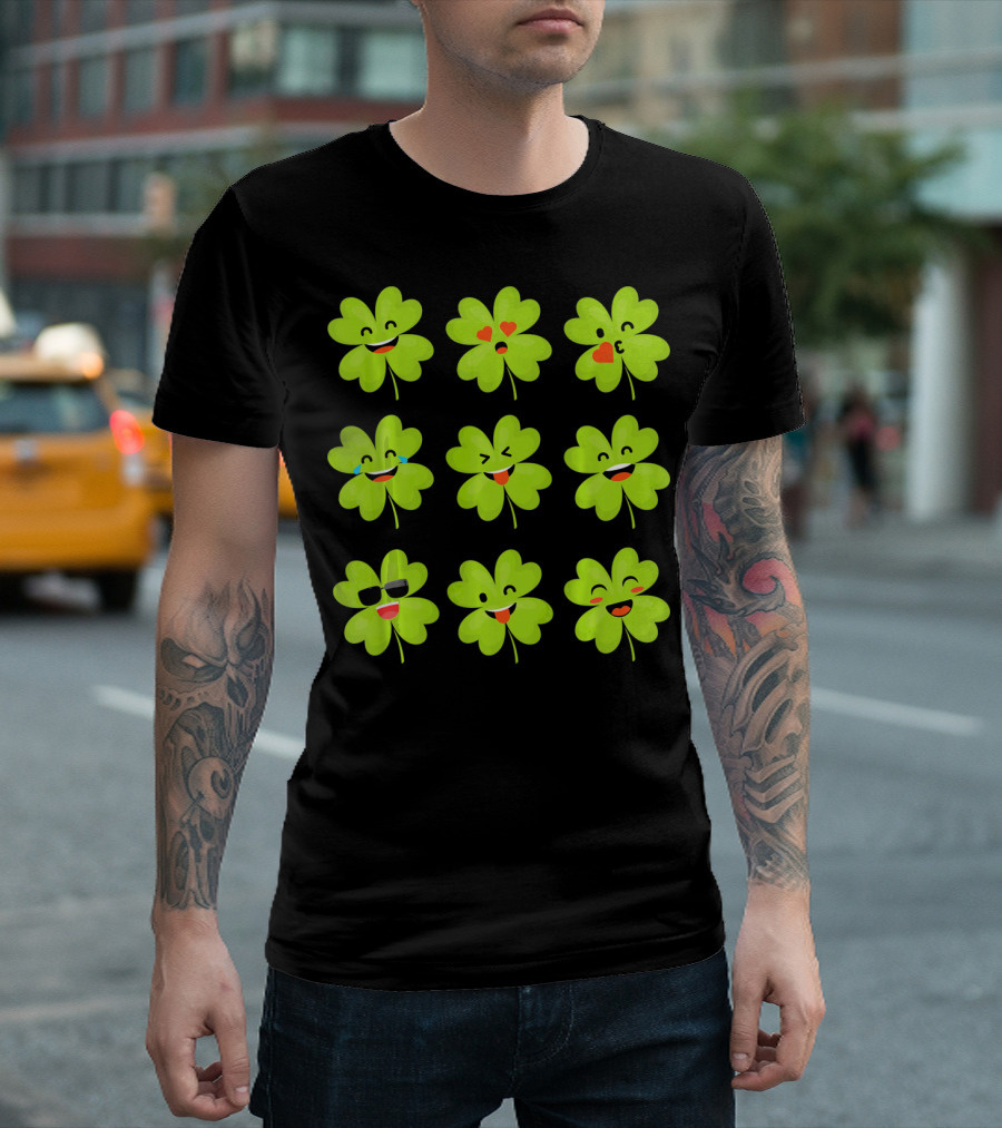 Four Leaf Clover Emojis Funny Saint Patrick's Day Smiley Faces T-Shirt