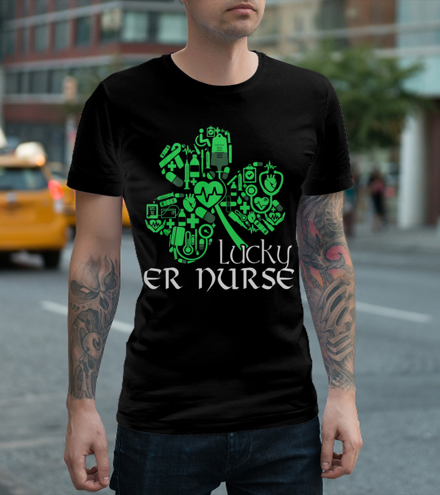 St Patricks Day Shamrock Lucky ER Nurse Medical Icons T-Shirt