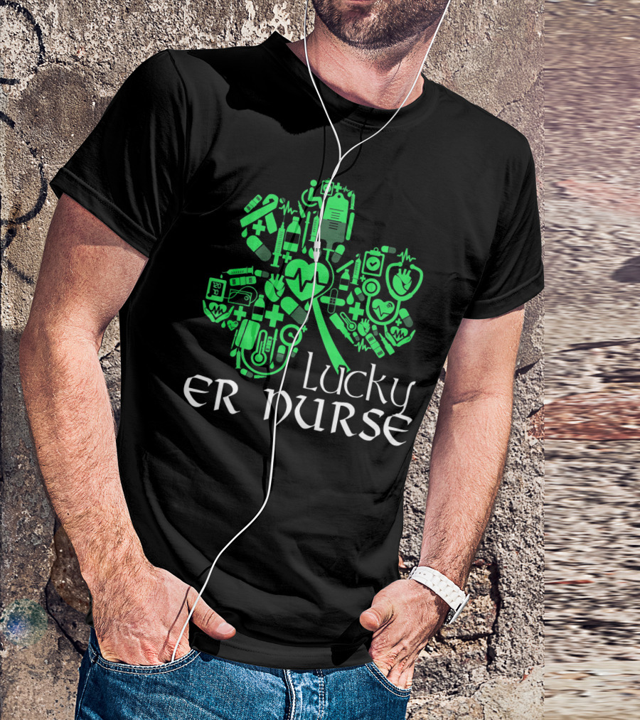 St Patricks Day Shamrock Lucky ER Nurse Medical Icons T-Shirt