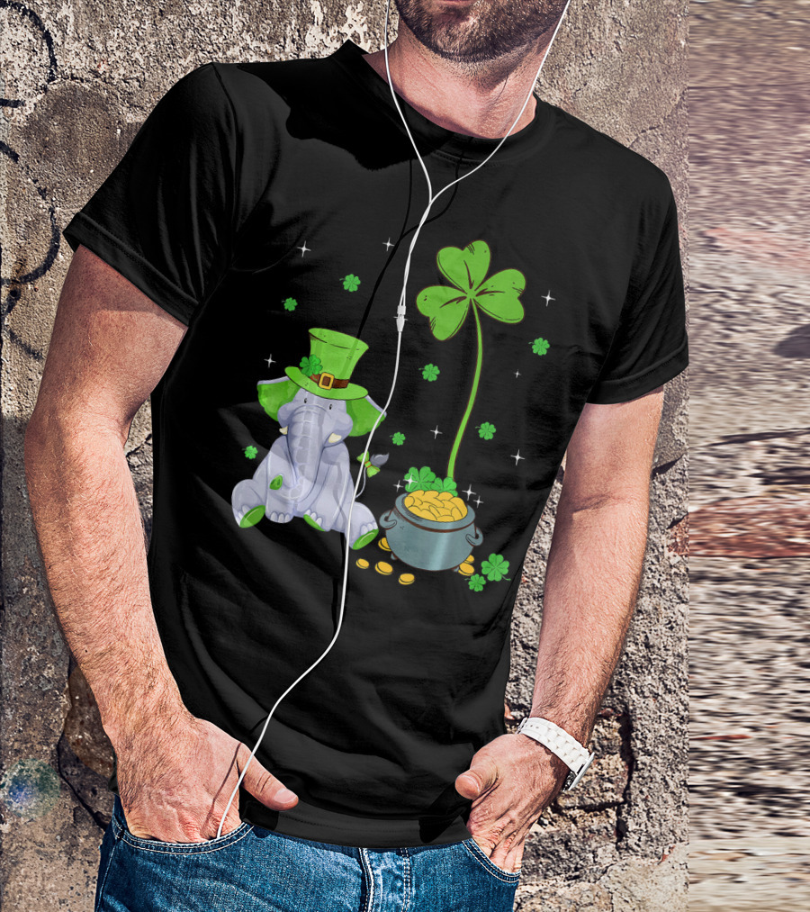 Shamrock Leprechaun Elephant St Patricks Pot Of Gold T-Shirt