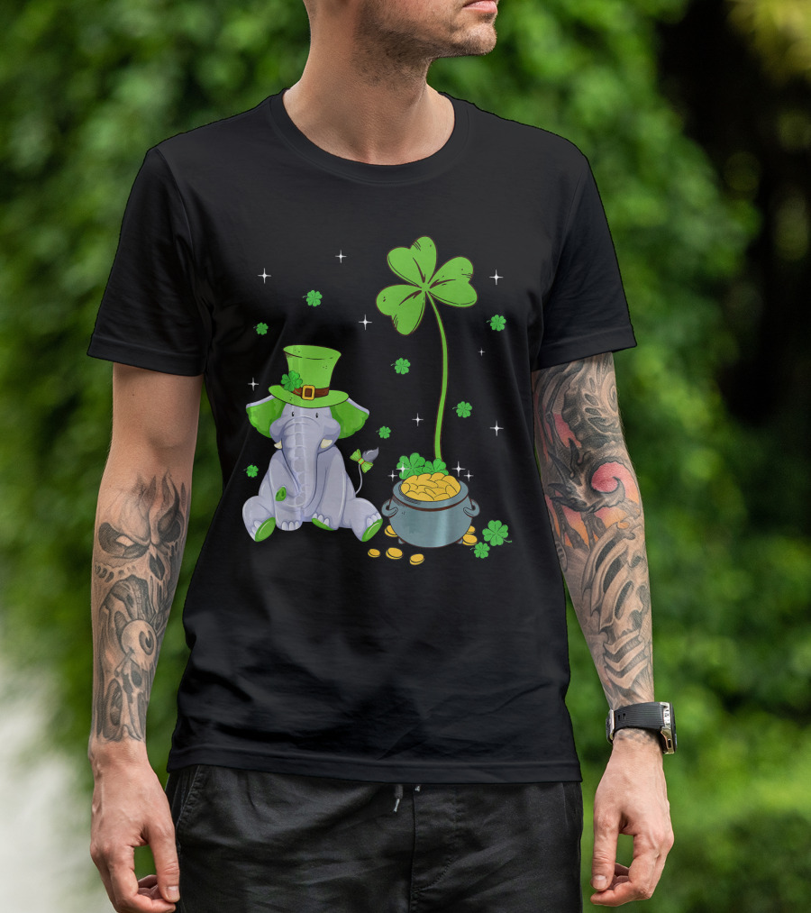 Shamrock Leprechaun Elephant St Patricks Pot Of Gold T-Shirt