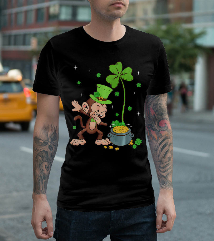 Shamrock Leprechaun Monkey with Pot of Gold St Patricks T-Shirt