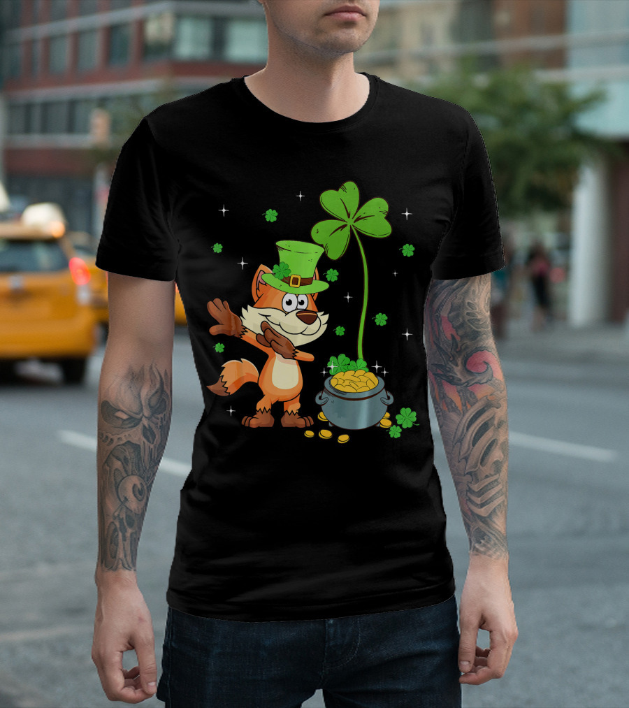 Shamrock Leprechaun Fox with Clover and Pot of Gold T-Shirt