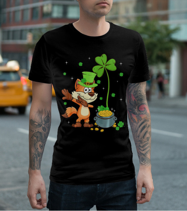 Shamrock Leprechaun Fox With Clover And Pot Of Gold T-Shirt