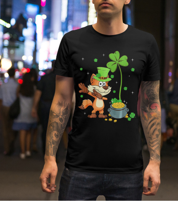 Shamrock Leprechaun Fox With Clover And Pot Of Gold T-Shirt