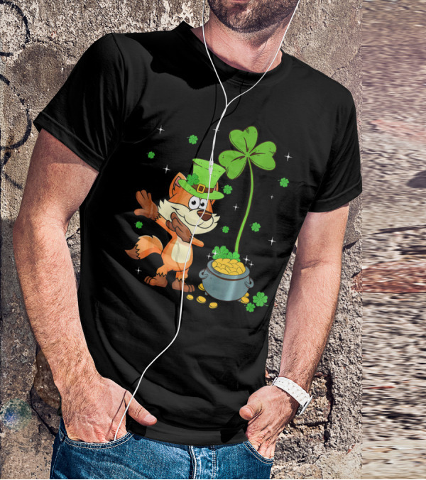 Shamrock Leprechaun Fox With Clover And Pot Of Gold T-Shirt