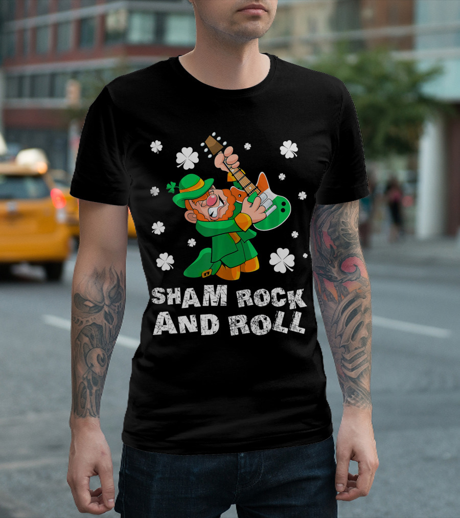 Sham Rock And Roll Leprechaun Playing Guitarist St Patricks Clover T-Shirt