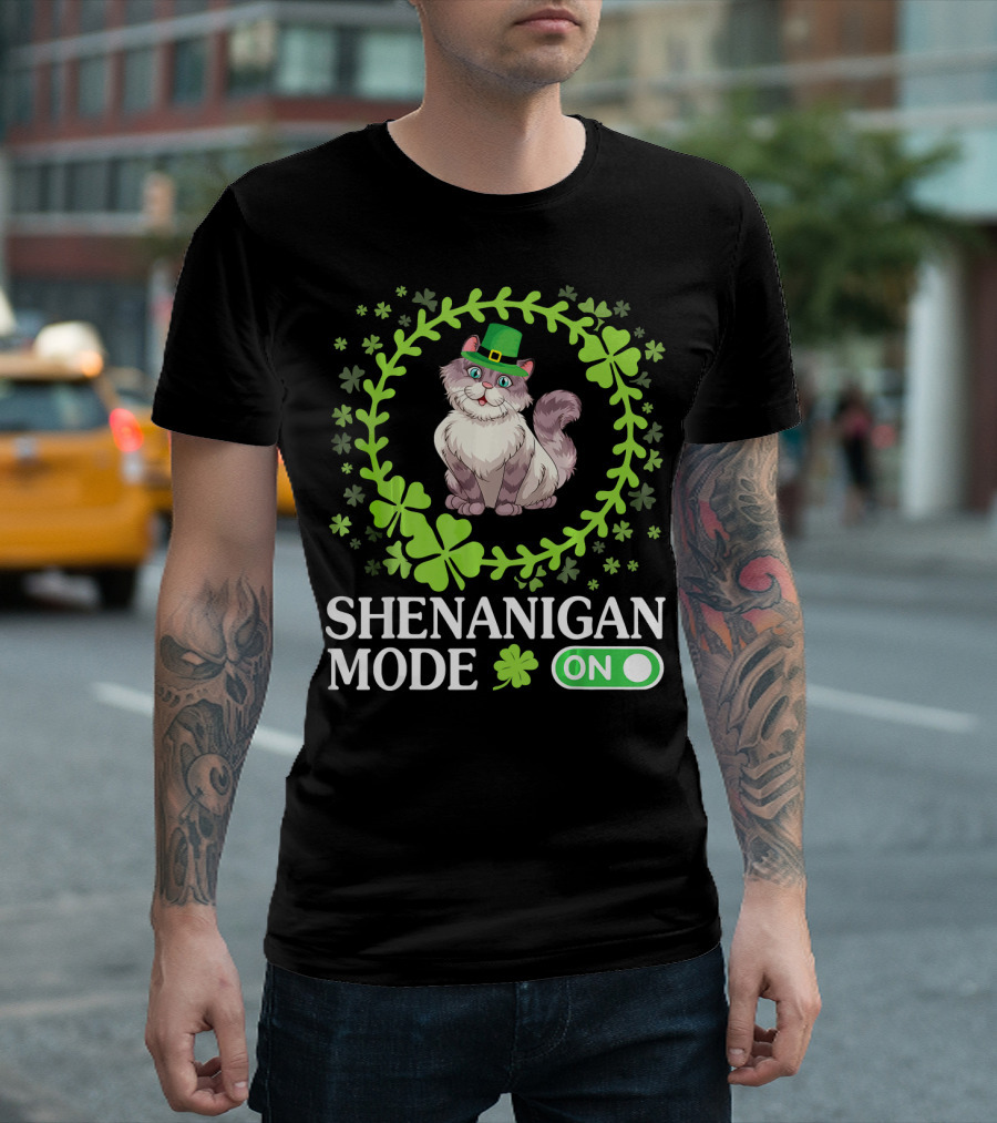 Shenanigan Mode On With Leprechaun Cat In Shamrocks Circle T-Shirt