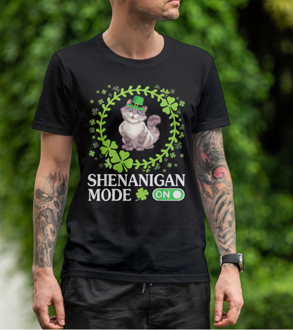 Shenanigan Mode On With Leprechaun Cat In Shamrocks Circle T-Shirt