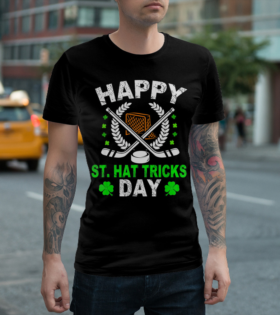 Happy St. Hat Tricks Day Hockey St. Patrick's Day Shamrocks And Sticks T-Shirt