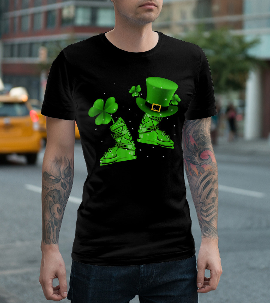 Shamrock Leprechaun Hat with Green Ski Boots T-Shirt