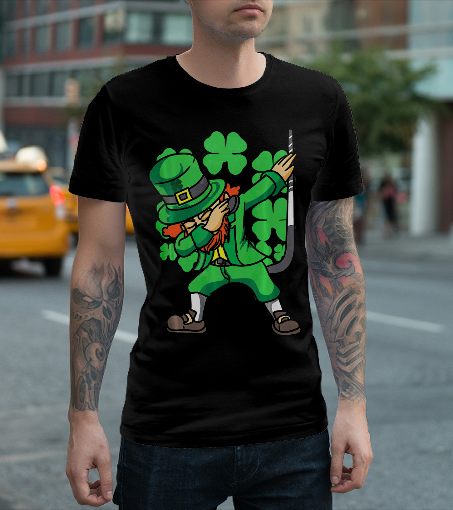 Dabbing Leprechaun Hockey Stick with Shamrocks St. Patrick's Day T-Shirt
