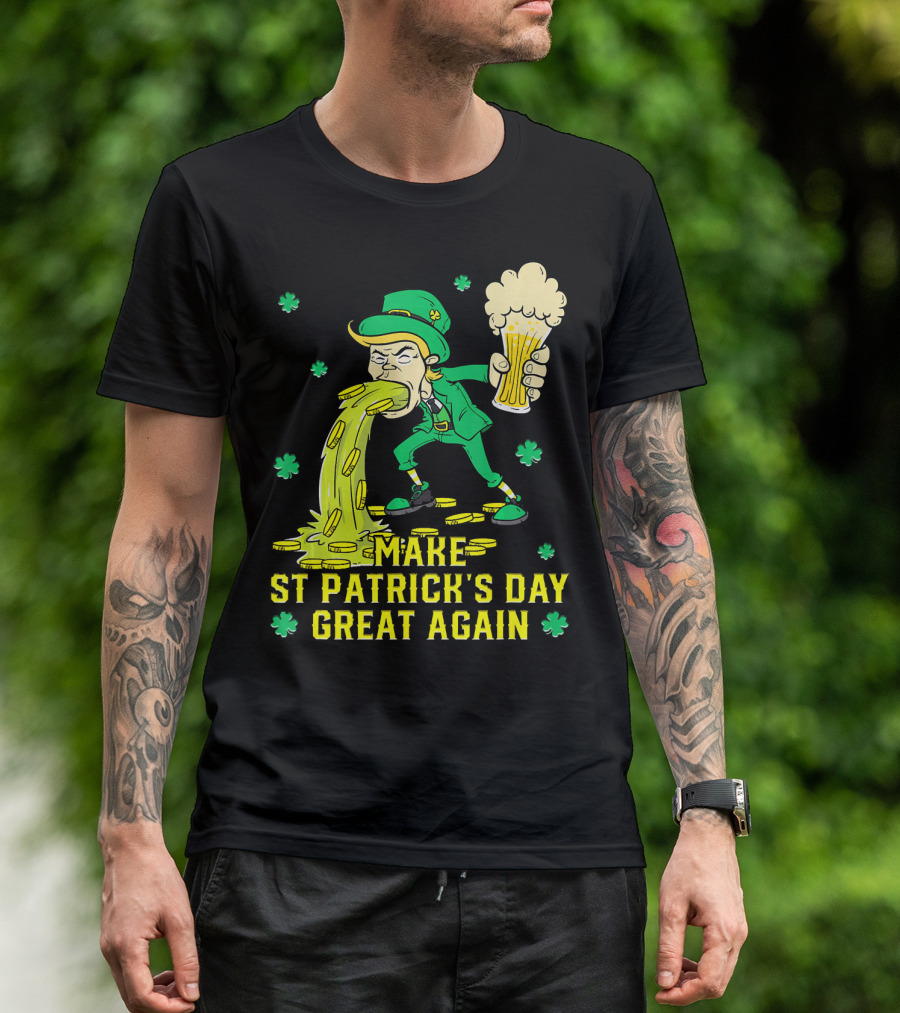 Make St Patrick's Day Great Again Leprechaun With Beer And Gold Coins T-Shirt