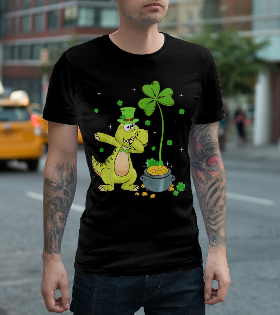 Shamrock Dabbing Dinosaur Leprechaun Gold Pot St Patricks T-Shirt