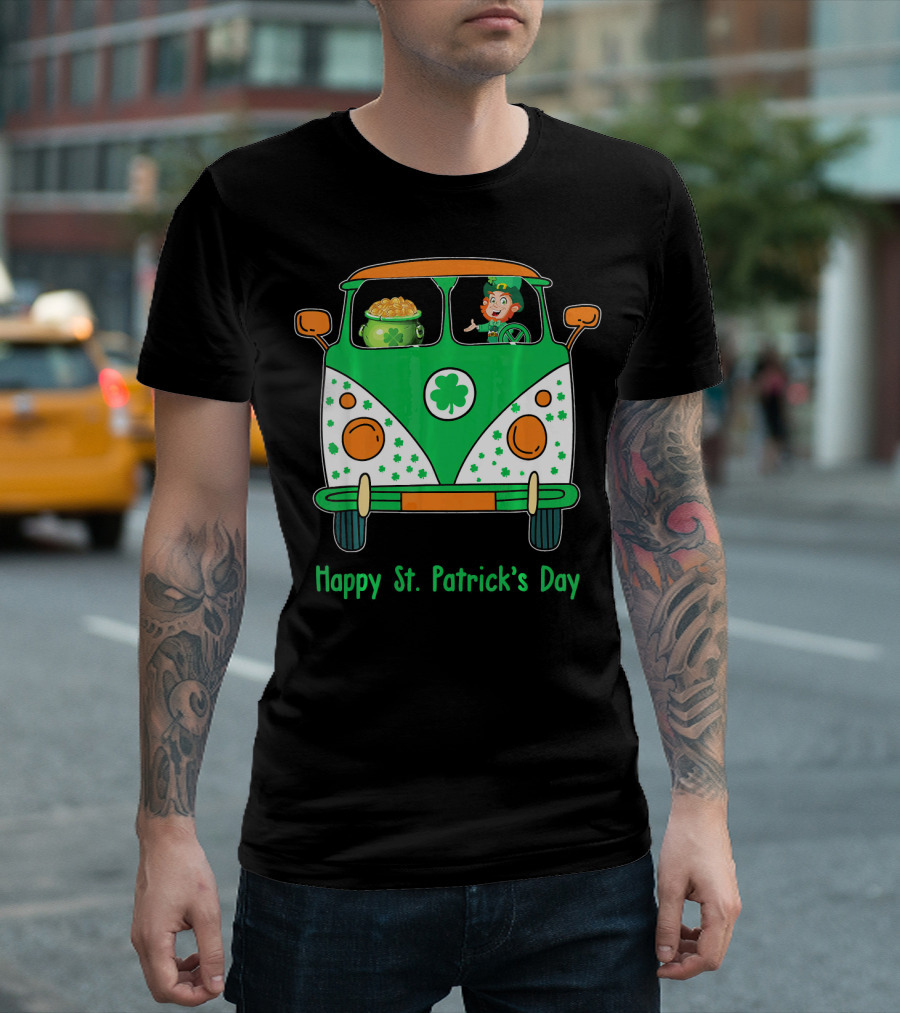 Happy St. Patrick's Day Leprechaun Gold Pot Hippie Car T-Shirt