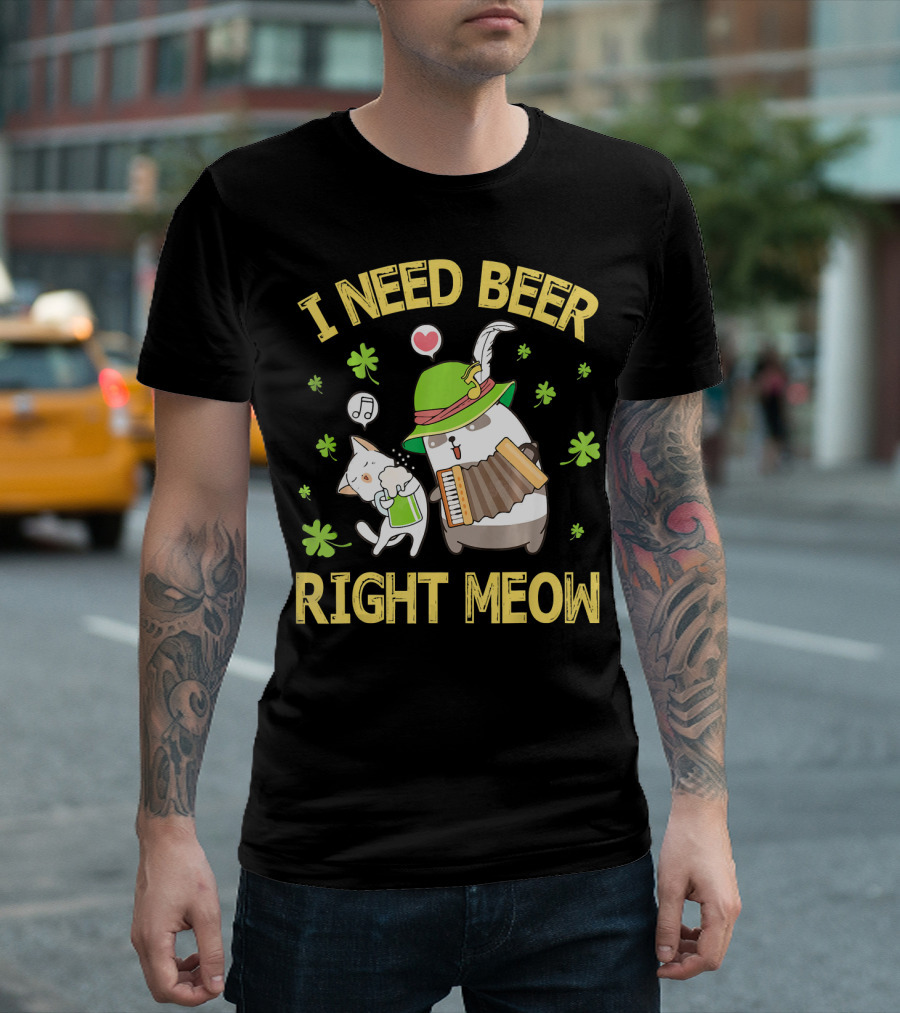I Need Beer Right Meow Cat and Leprechaun Drinking and Dancing T-Shirt