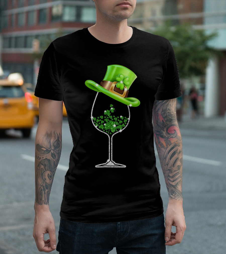 St Patricks Day Shamrock Wine Glass with Leprechaun Hat T-Shirt