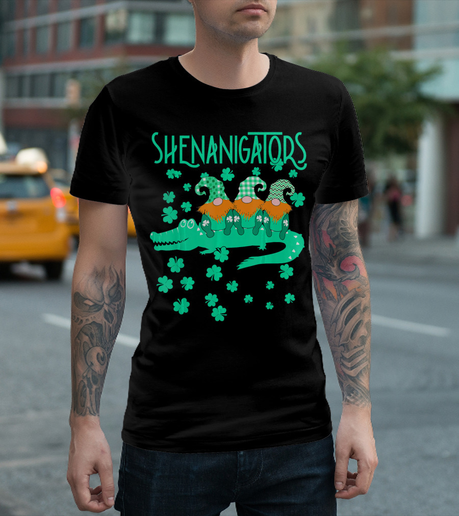 Shenanigators Funny Cute Alligator with Gnomes and Shamrocks T-Shirt
