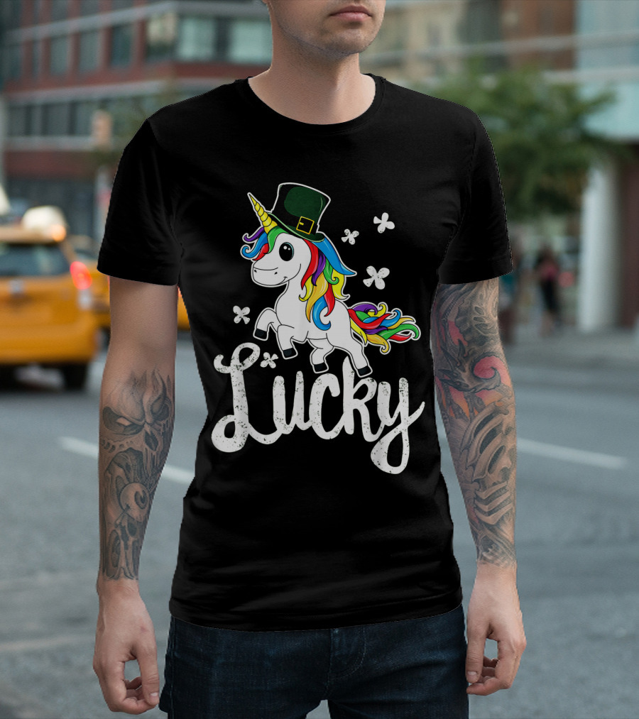 Lucky Unicorn Rainbow Shamrock Hat T-Shirt