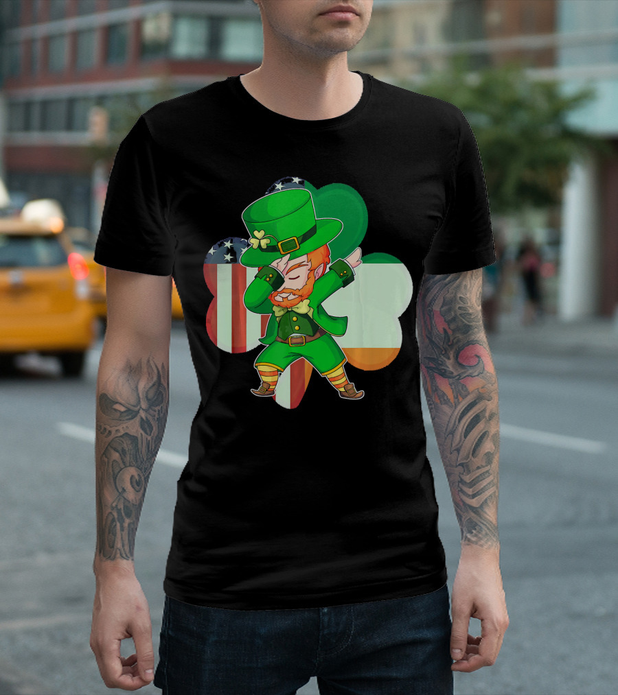 Funny Dabbing Leprechaun Shamrock American Irish Flag T-Shirt