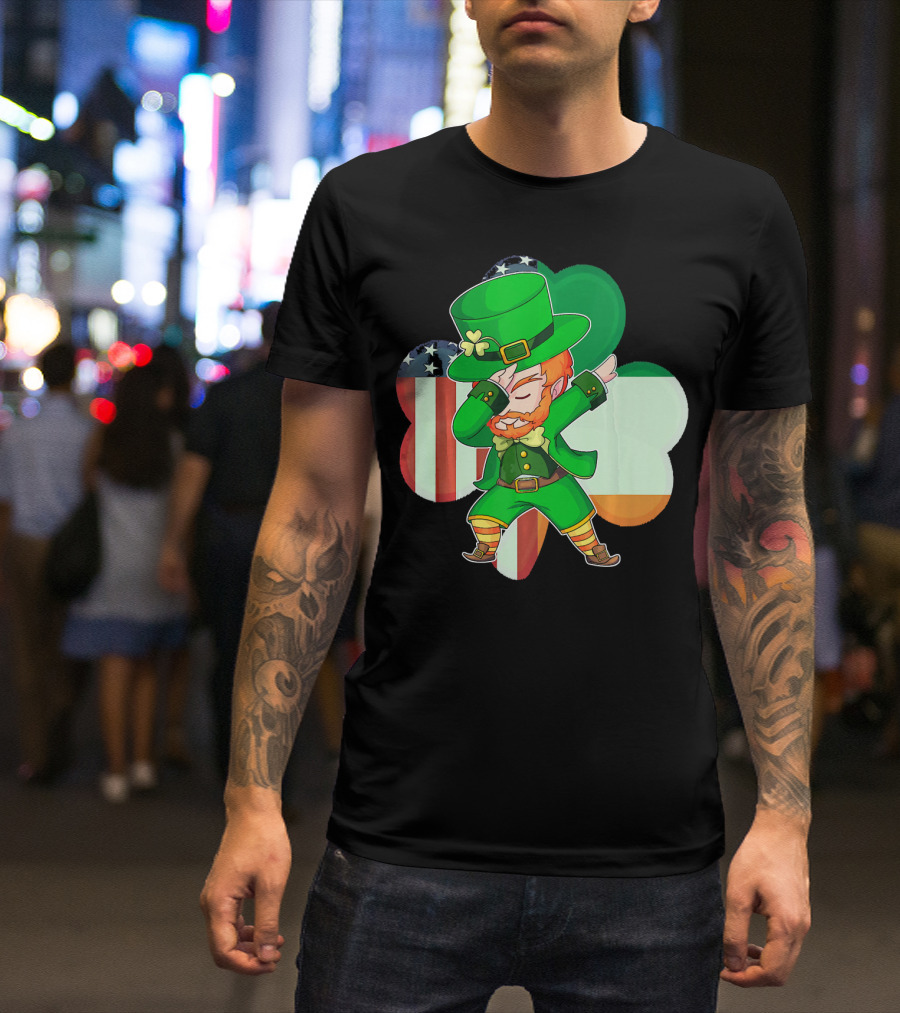 Funny Dabbing Leprechaun Shamrock American Irish Flag T-Shirt