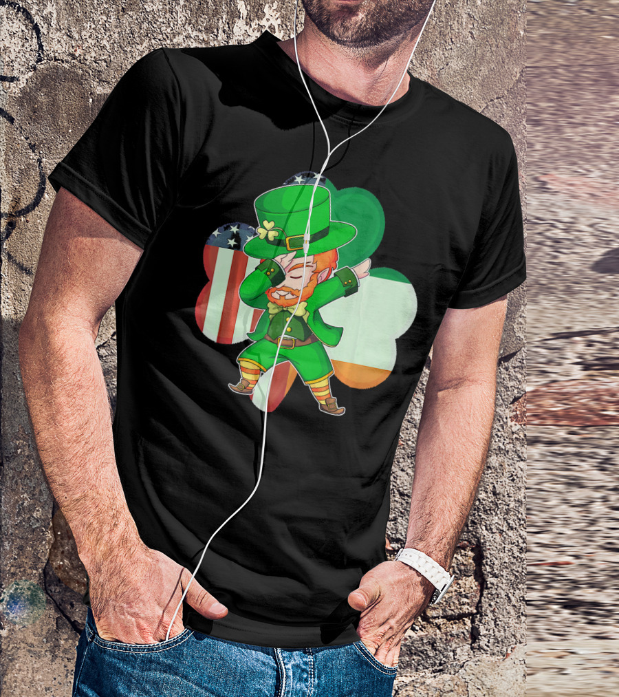 Funny Dabbing Leprechaun Shamrock American Irish Flag T-Shirt