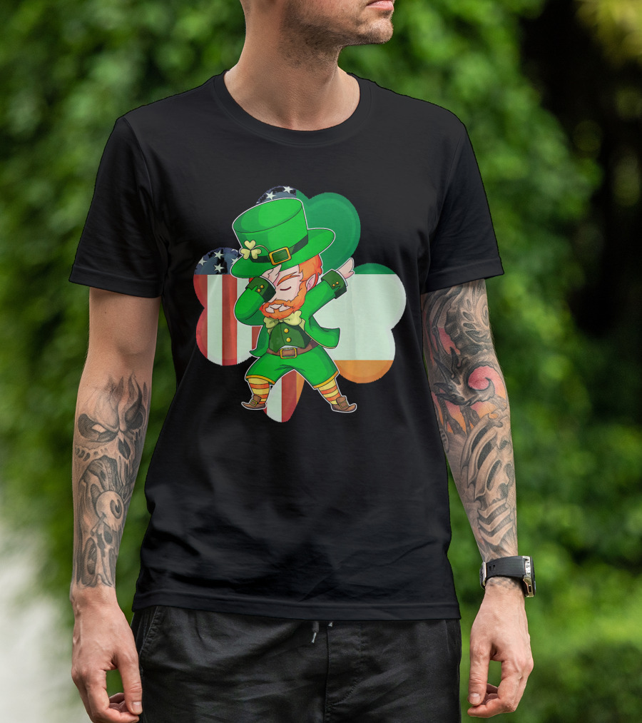 Funny Dabbing Leprechaun Shamrock American Irish Flag T-Shirt