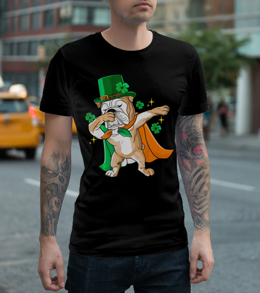 Irish Bulldog Dabbing Leprechaun With Shamrocks T-Shirt