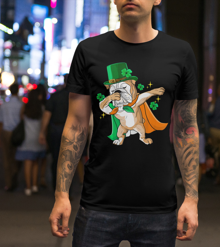 Irish Bulldog Dabbing Leprechaun With Shamrocks T-Shirt